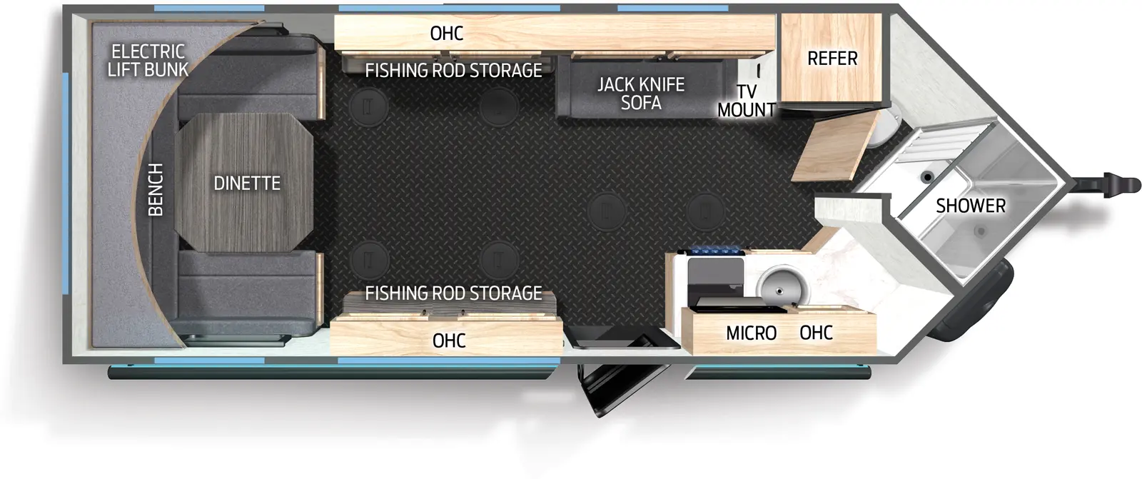The Grey Wolf 17MP floorplan has one entry and zero slide outs. Exterior features include: metal exterior and 15' (Optional) awning. Interiors features include: u-dinette.